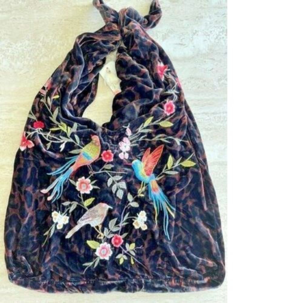 Johnny Was ZWAZO Velvet Handbag Leopard Embroidery Flower TIE bag Large BOW New